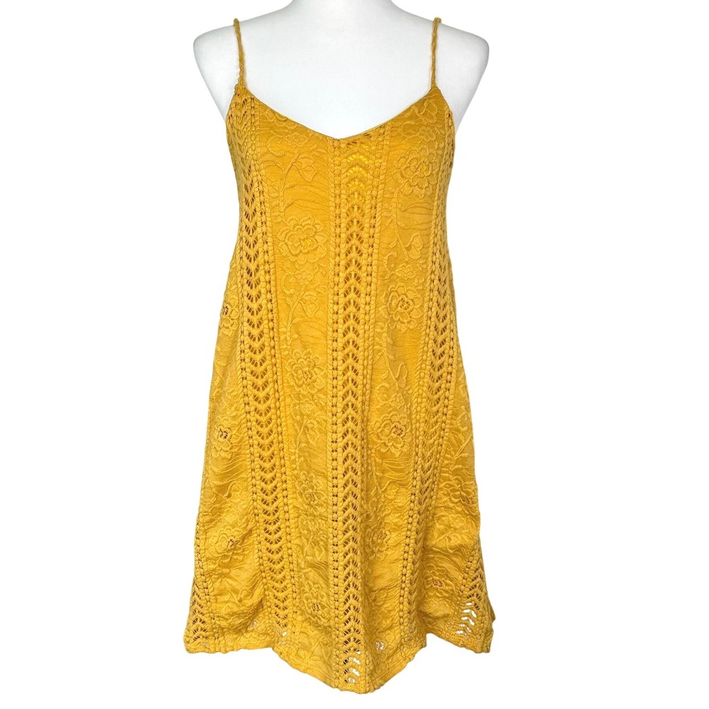 ALTAR'D STATE Small Crochet Short Dress Yellow Floral Lined Boho v-neck Festival